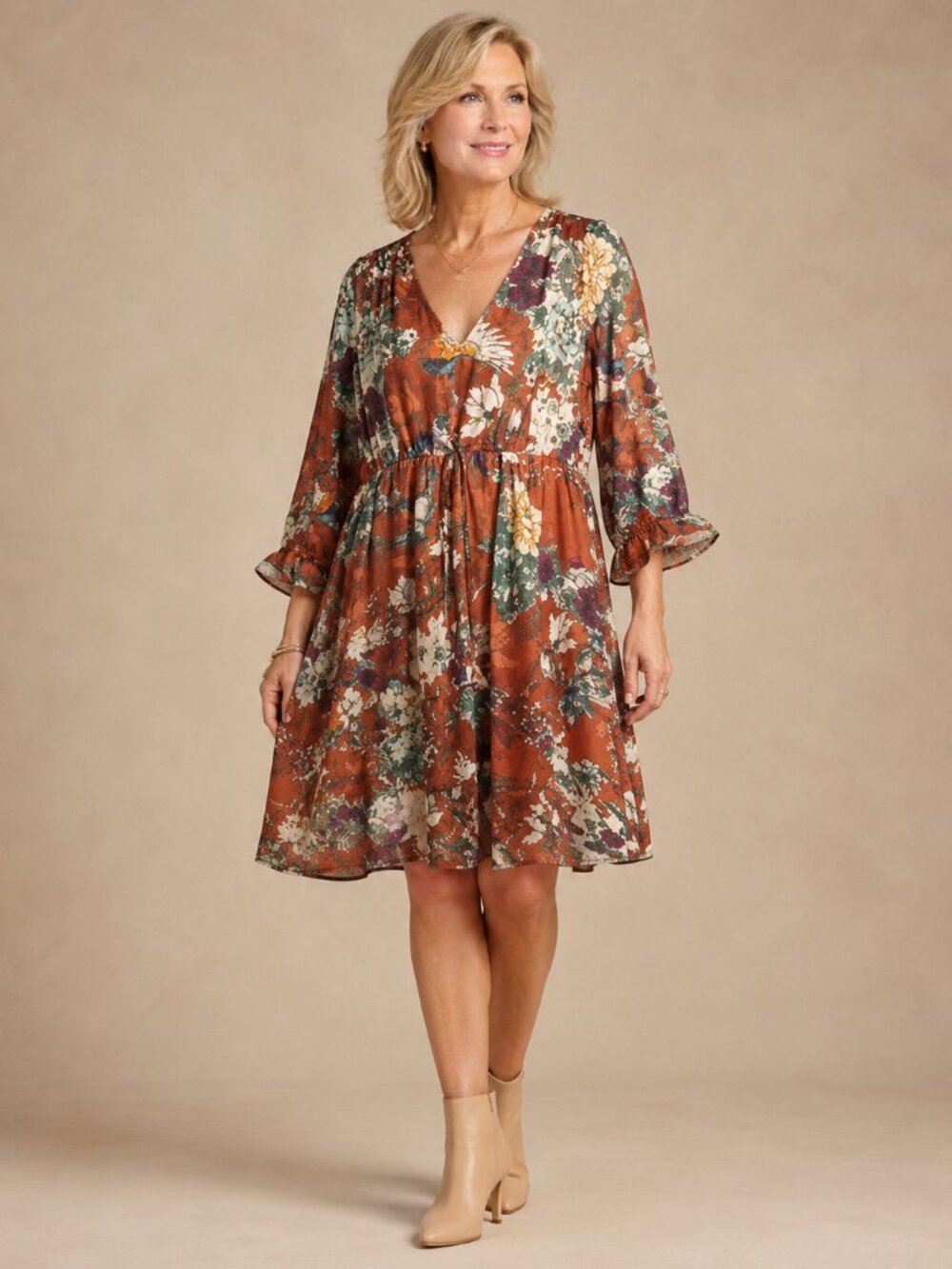 Hemant & Nandita Rust Floral Bird Print Tiered Tie Waist Boho Mini Dress Sz 4